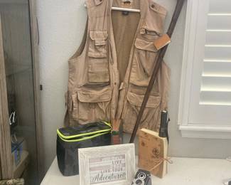  Adventure & Travel Lot – HUMVEE Safari Vest, Sea Turtle Walking Stick, Camera Case & Decor