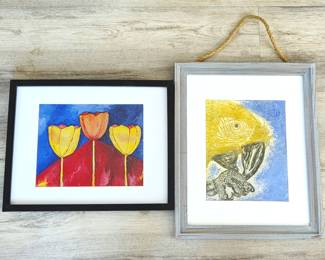 -Pair of Framed Decorative Wall Art Prints – Colorful Tulips & Yellow Parrot
