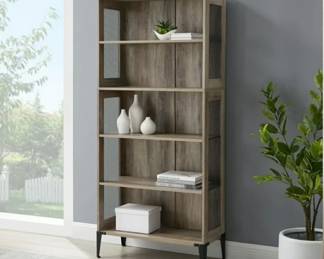 -Industrial Bookcase Bookshelf Display Shelf Wood Look Black Metal Mesh Adjustable Shelves