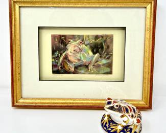 Framed Wall Art- Frog Artwork Titled "Croaker" by Artist Morningstar- Royal Crown Derby Porcelain Frog Figurine