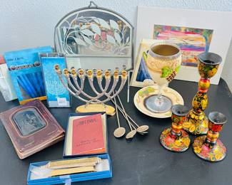 -Judaica & Hanukkah Collectibles Lot with Menorahs, Candlesticks, Artwork, Candles and Religious Items