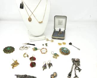  Assorted Vintage Costume Jewelry Lot Trifari Monet Cameo Brooch Earrings Necklaces Pins