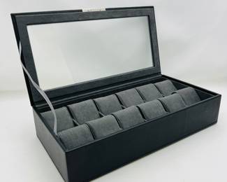 -WOLF Brand Black Smooth Vegan Leather 12-Slot Watch Display and Storage Case with Glass Lid