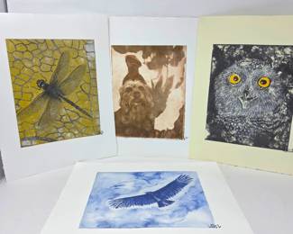 Four Signed Unframed Wildlife Serigraph Prints – Owl, Eagle, Dragonfly & Terrier Dog Artworks