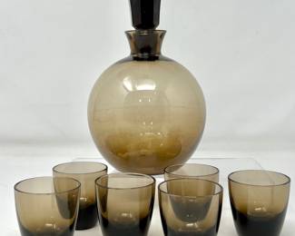 Mid-Century Modern Round "Smoked" Glass Decanter 6" tall with Six Matching Shot Glasses