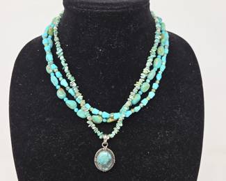 Triple Strand Turquoise Bead Necklace with Turquoise Pendant 17" Jewelry