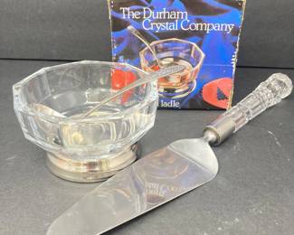  Durham Crystal Footed Serving Bowl with Sterling Silver Spoon + Glass and Silver Tone Cake Cutter