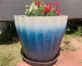 - Extra Large Resin Fluted Garden Planter Pot Blue White Gradient 20 Inch Diameter 18 Inch Tall