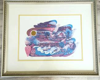 "On Dove's Wings" Signed Limited Edition Print 322/950 Framed by Moroccan-born Israeli Artist Amram Ebgi.