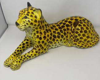 Vintage Ceramic Leopard Figure Statue Yellow Brown Hand Painted 24 Inch Art Deco Style HAS REPAIRED DAMAGE
