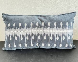 Blue Velvet Lumbar Pillow Embroidered White Pattern 14x26 Inches Decorative Cushion