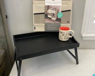 Black Wooden Folding Breakfast Tray Bed Side Organizer Canvas Pockets Storage