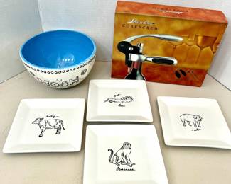 Corkscrew - Ceramic Nosh Bowl Set of 4 “The Cellar” Plates with whimsical writing