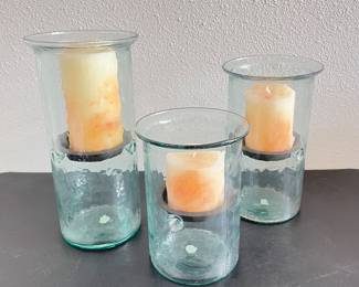 Set Of 3 Pottery Barn Handmade Recycled Glass Hurricane Candle Holders- Modern Style