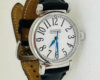 Coach Quartz Wristwatch with Blue Hands and Black Leather Strap CA.72.3.14.0740