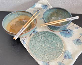 Handmade Ceramic Ramen Bowl Set with Chopstick Rest, Edgecomb Potters floral Pattern Trivet in Celadon Glaze