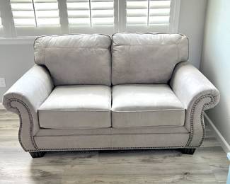 Grey MicroSuede Loveseat Sofa Nailhead Trim Rolled Arms Modern Style- 67”long