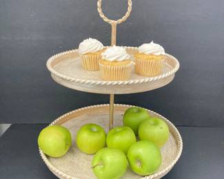 Two Tier Dessert Stand Metal Rope Edge Vintage Style 13 Inch Diameter