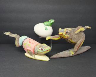 Hand-Carved & Hand-Painted Wooden Frog Sculptures with Signed Frog in Egg