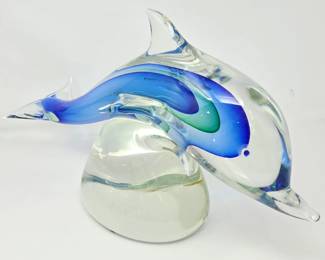 Signed Murano Art Glass Dolphin Sculpture Italian Blue Green Glass Figure 2001 Large Heavy 18"L