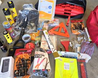 Emergency Roadside Safety Kit Complete With Warning Triangles Booster Cables Gloves Reflective Vest