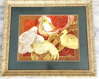 Alvar Woman with Guitar & Dove Framed Art Print Ornate Gold Frame Wall Decor