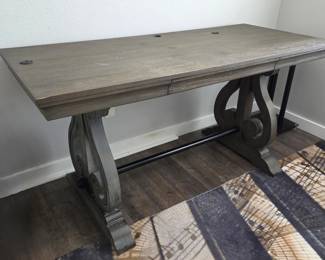 Rustic Driftwood Finish Executive Writing Desk with Drawer & Cable Management – 60" Office Desk