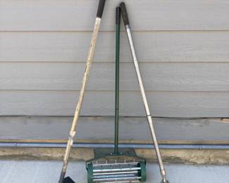Rolling spike lawn aerator, Broom, and other Essential Garden Tools