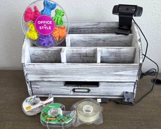  Rustic Office Desk Caddy Wooden Organizer + Logitech Webcam + Rubber Bands Tape