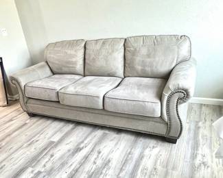 Contemporary Grey MicroSuede Sofa 3-Seater Nailhead Trim Rolled Arms 92”