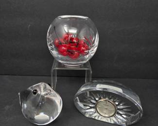 Marquis by Waterford Sheridan Crystal Clock, Stuart Crystal Bowl & Crystal Cherries Lot