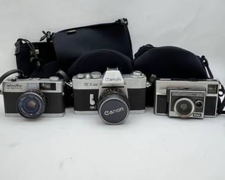 Vintage Camera Collection Featuring Canon EX EE, Minolta Hi-Matic G, Kodak Instamatic 314