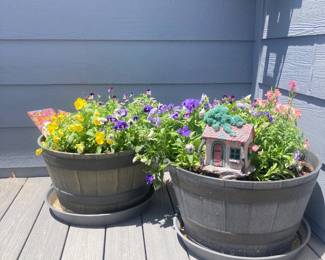 Pair Plastic Whiskey Barrel Planters 20 Inch Rustic Garden Pots Fairy House Included