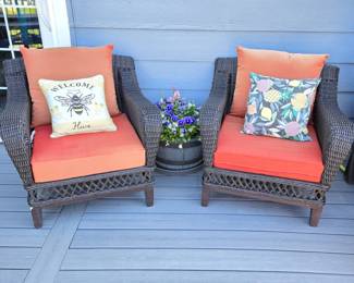 - Outdoor Resin Wicker Patio Lounge Chairs with Cushions & Decorative Pillows, Set of 2