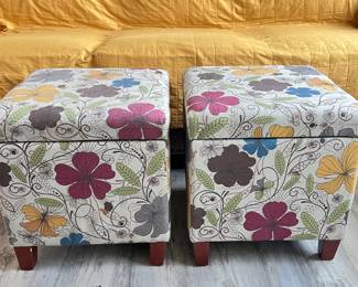 Pair Floral Storage Ottomans -Benches Upholstered Fabric Wood Legs - 17x17