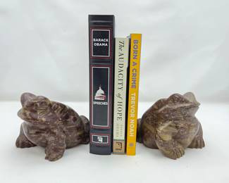 Heavy Carved Fossil Stone Frog Bookends – Matching Pair - With Three Books (Obama)