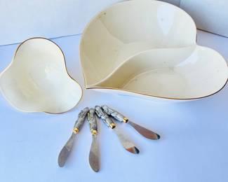 -Lenox Heart-Shaped Serving Bowl Set with Matching Bowl & Rabbit Handle Spreaders