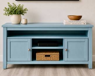 Modern Costal Blue Wood TV Stand | Media Console | Storage Cabinet with 2 Doors & Open Shelves