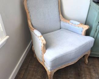 Blue Upholstered Accent Armchair Club Chair Nailhead Trim Wood Frame French Country Cottage Style