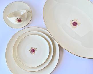 Lenox Roselyn X-304 China Dinnerware Set with Oval Serving Platter- Classic Cream Porcelain w/Gold Rim & Rose Center