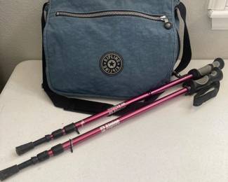 -Kipling Blue Nylon Messenger Bag Alpine Design Adjustable Trekking Poles, Metal Water Bottle, Walking Denver