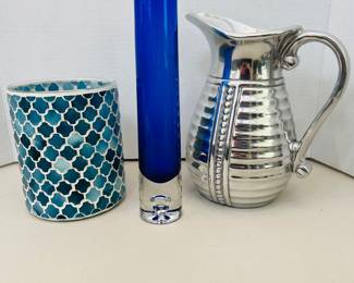 Coastal Decorative Lot- Blue Mosaic Glass Candle Holder, Tall Cobalt Glass Bud Vase, & Wilton Armetale Pitcher