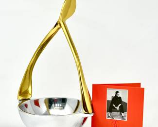 -Lunares Wishbone Nut Bowl by Artist Nima Oberoi in Gold-Plated Handle & High Polish Silver Finish Bowl- 9" tall