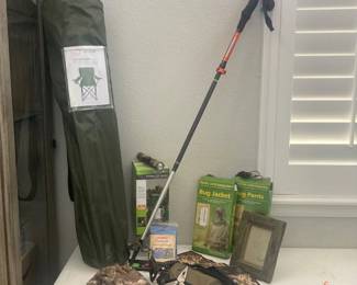 Camping & Hiking Gear Lot – Oniva Camp Chair, Komperdell Trekking Poles, Bug Suit & Lantern-