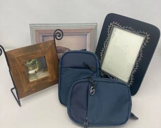  Pair Blue Nylon Camera Passport Waist Pouches 3 Picture Frames Wood Metal Vintage