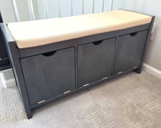 Dark Teal Entryway Storage Bench with Cushion Seat & 3 Drop-Front Compartments