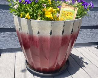  Large Resin Ribbed Planter Pot Maroon & White Ombre Flower Garden Decor 20 Inch dia
