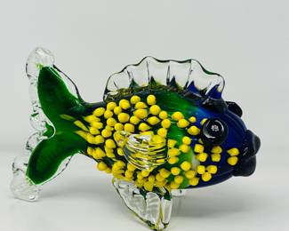 Large Hand-Blown Tropical Fish Art Glass Sculpture - Colorful Coastal Figurine in Blue & Green w/ Yellow Dots 9"