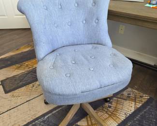  Mid Century Modern Office Chair Blue Fabric Tufted Upholstery Wooden Base Rolling Swivel