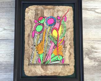 -Colorful Folk Art Bird & Floral Wall Art on Handmade Bark Paper – Framed